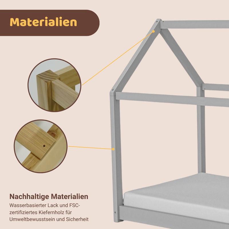babyonlineshop Artkid Haley Grau Montessori Hausbett Bodenbett 90x200 inkl. Lattenrost massive Kiefer JETZT KAUFEN