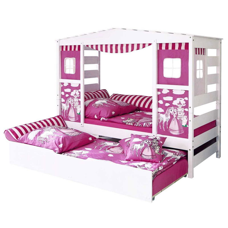 babyonlineshop Ticaa Hausbett Horse Rosa Kiefer Weiß & Bettkasten Massivholz - Dessin: Horse Rosa Sonderangebot der Fabrik