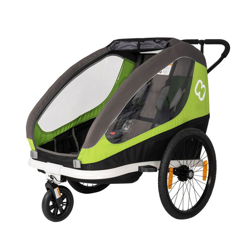 babyonlineshop Hamax Traveller Fahrradanhänger Grün/Grau inkl. Deichsel & Buggyrad Fabrikverkauf