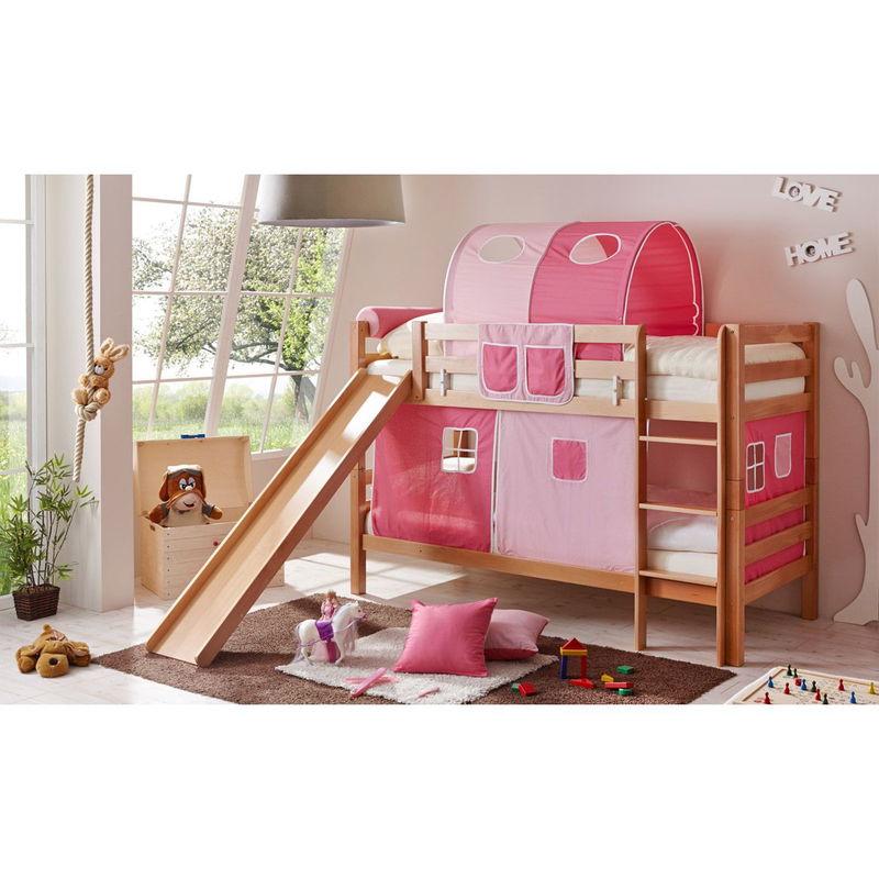 babyonlineshop Ticaa Lupo Etagenbett mit Rutsche Buche natur Massivholz - Vorhang-Dessin wählbar Großer Ausverkauf