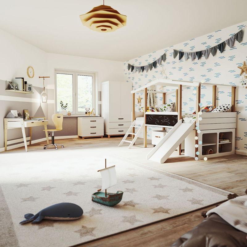 babyonlineshop Nature Kid Cory Kinderzimmer weiß/natur 8-teilig mit Hausbett 90 x 200 cm Dach & Schreibtisch Exklusivangebot