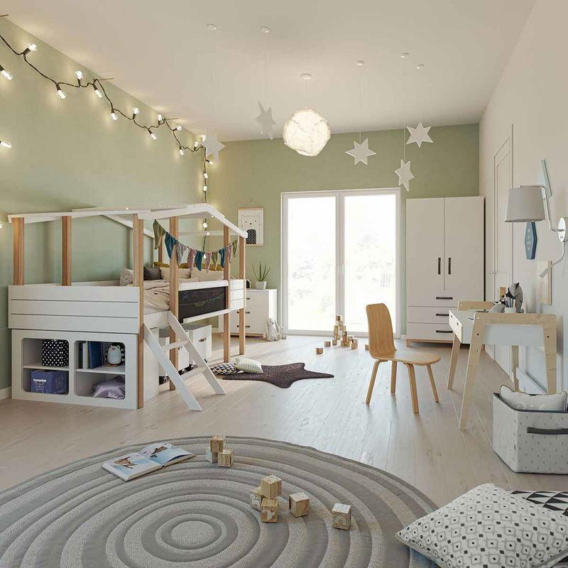 babyonlineshop Nature Kid Cory Kinderzimmer weiß/natur 8-teilig mit Hausbett 90 x 200 cm Dach & Schreibtisch Exklusivangebot