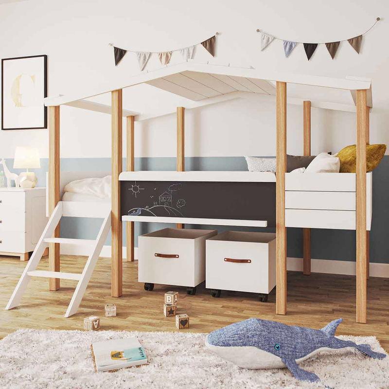 babyonlineshop Nature Kid Cory Kinderzimmer weiß/natur 8-teilig mit Hausbett 90 x 200 cm Dach & Schreibtisch Exklusivangebot
