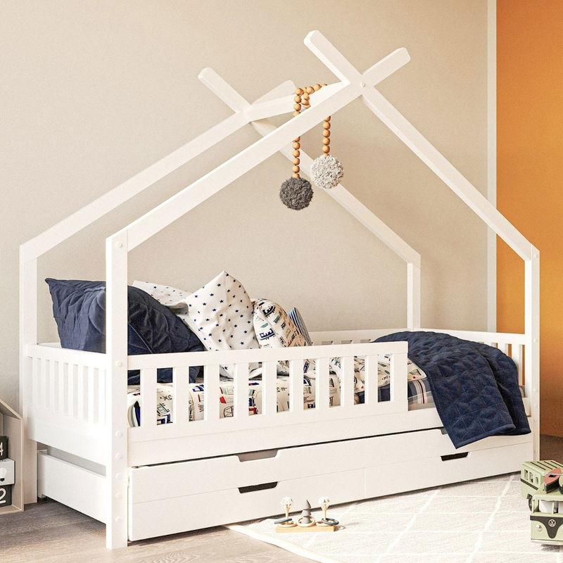 babyonlineshop Nature Kid Clara Hausbett weiß 90 x 200 cm inkl. Gästebett und Bettkasten Valentinstagsangebot